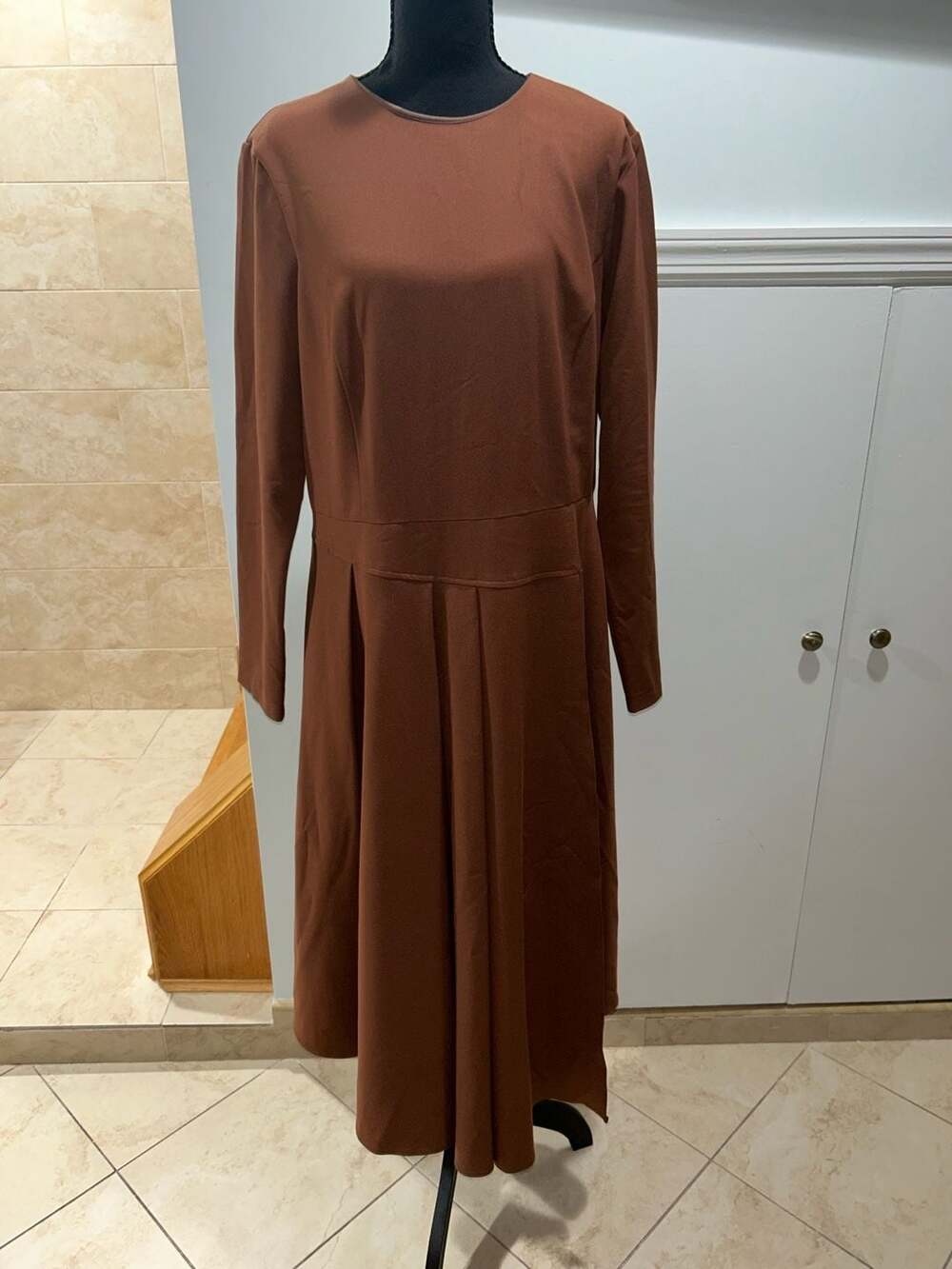 Noir. Brown Long Sleeve Pleated A-Line Midi Dress